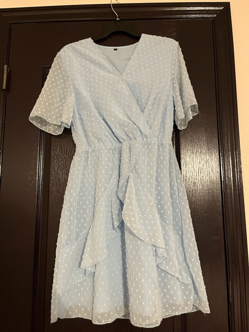 Light Blue Swiss Dot Wrap Dress - Women’s Dress